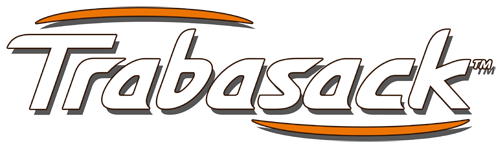 Image shows Trabasack logo - the word Trabasack written in white text with a black outline and drop-shadow, with an orange curved line above and below the lettering