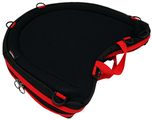 Image of a black trabasack curve Connect with red trim, on a white background