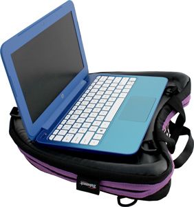 Image shows the purple-trim Trabasack Curve on a flat surface, with a blue laptop on the tray surface