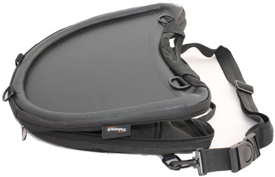 Image of a black-trim Trabasack Curve slightly ajar, with straps attached